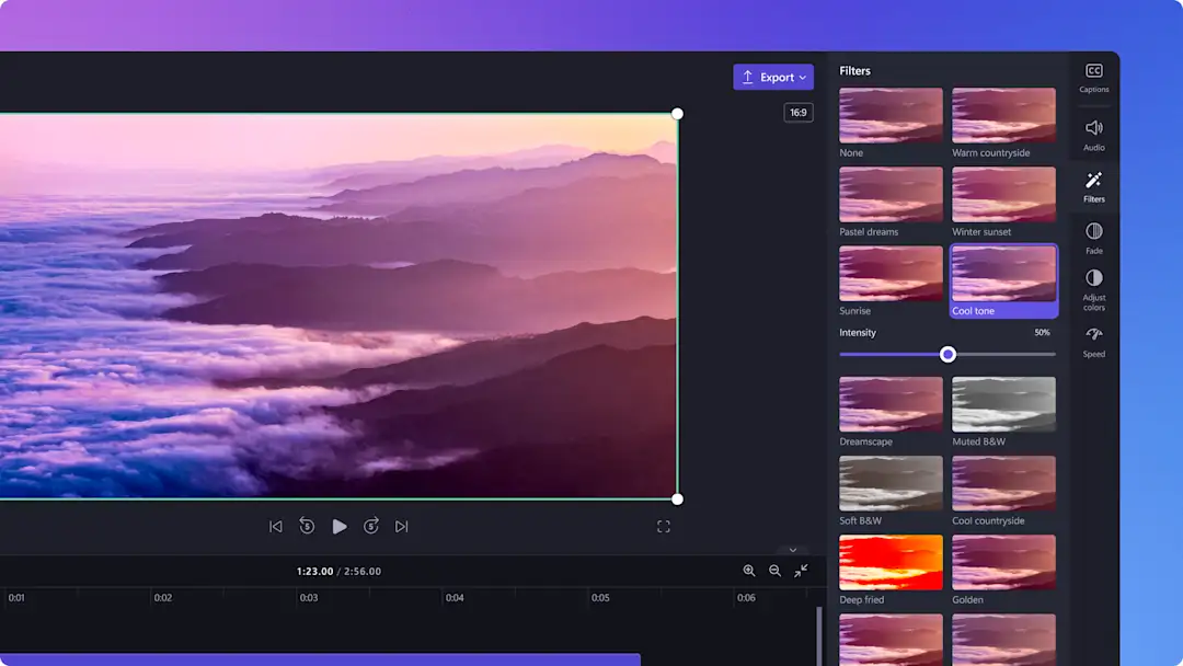 A user selecting video filters in Clipchamp.