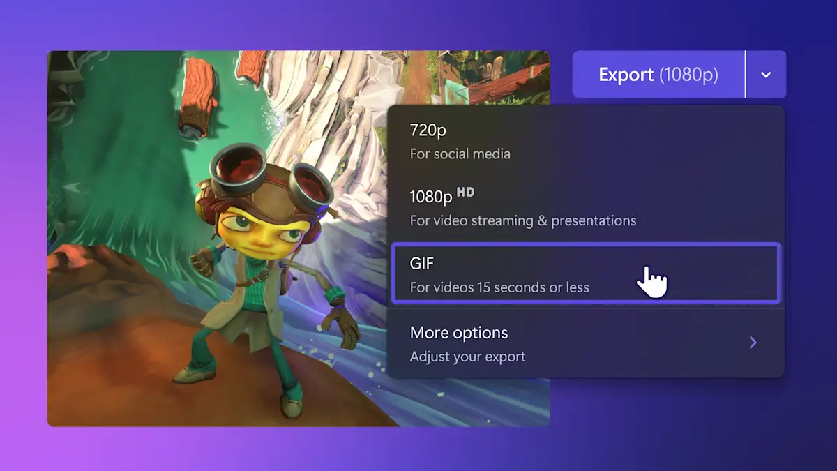 An image showing the different resolutions to export a video from Clipchamp. The option to save as a GIF is highlighted with the cursor.
