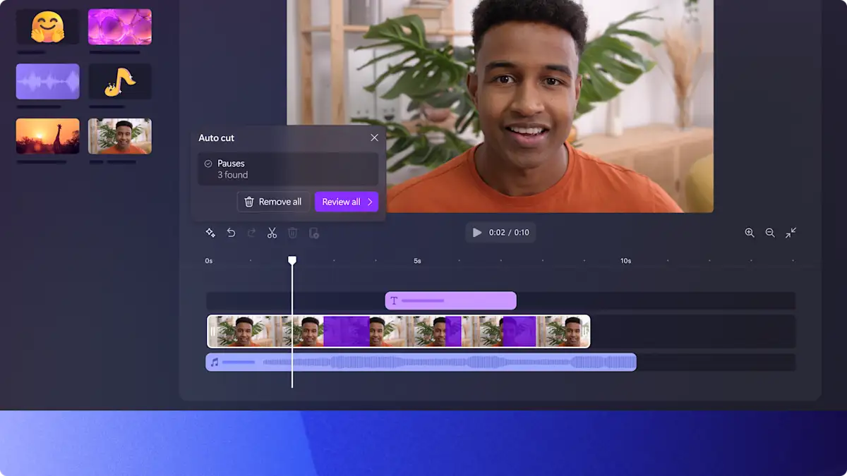 A user trimming the silences out of their video presentation inside Clipchamp with AI silence remover.