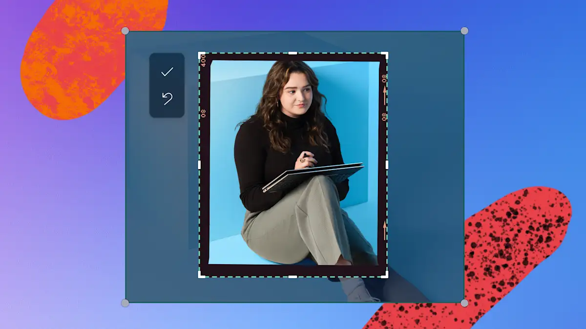 An image of a girl looking at her phone with cropping handles surrounding the video frame.