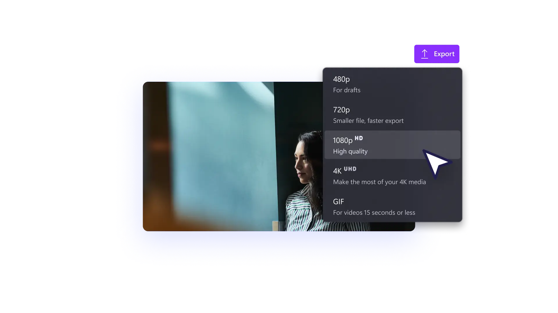 Image showing options to save video in different resolutions in Clipchamp.
