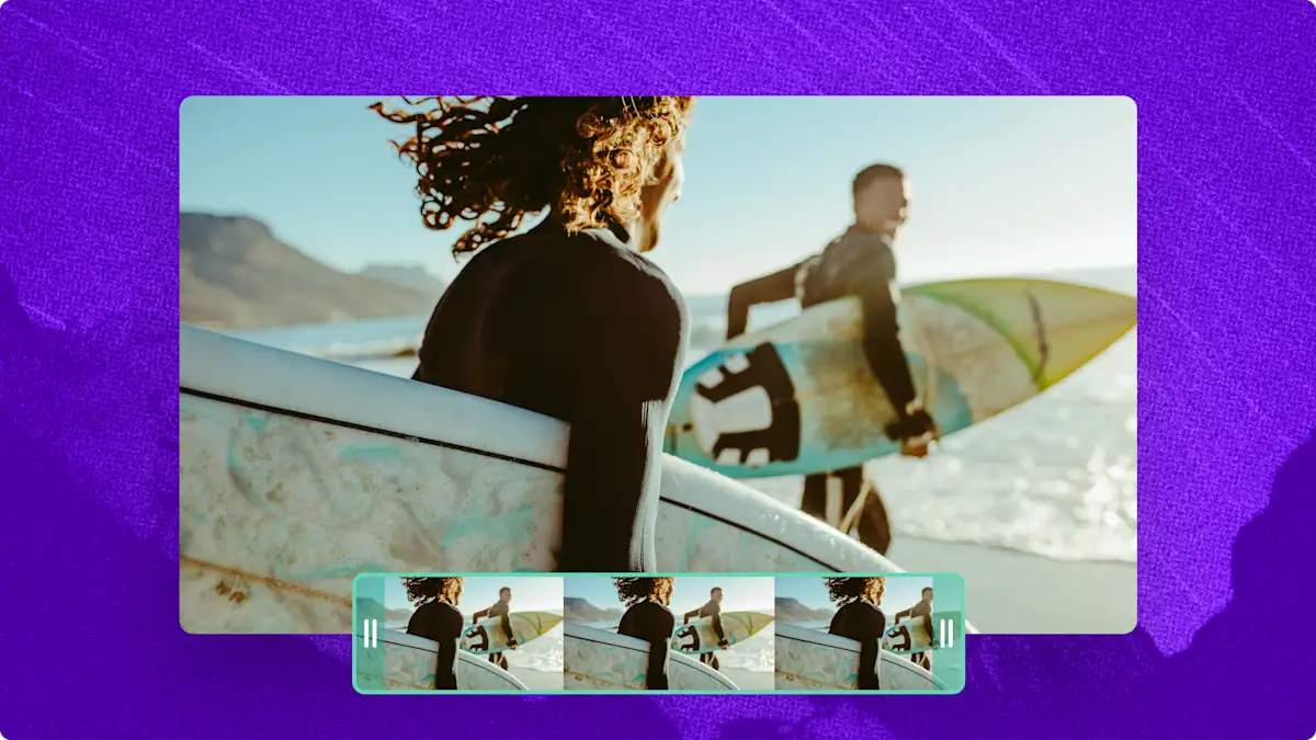 An image of trimming tool reducing the length of media in Clipchamp. The stock media shows a smiling with her hands clasped.